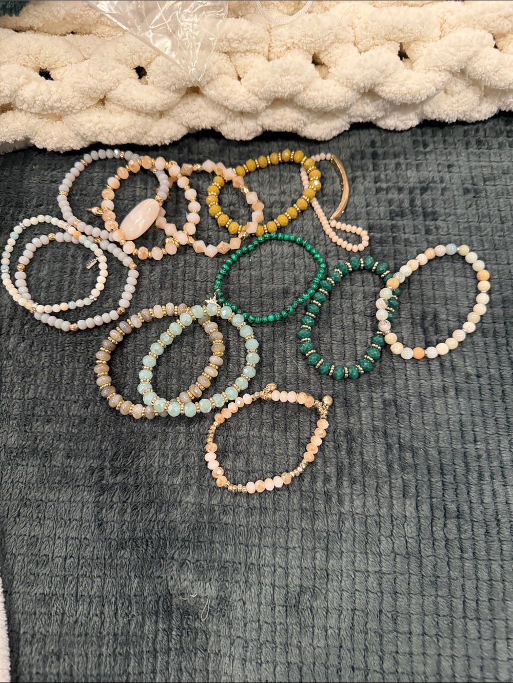 13 Beaded Stretch Bracelet Set - Mixed Pastel and Green Colors
